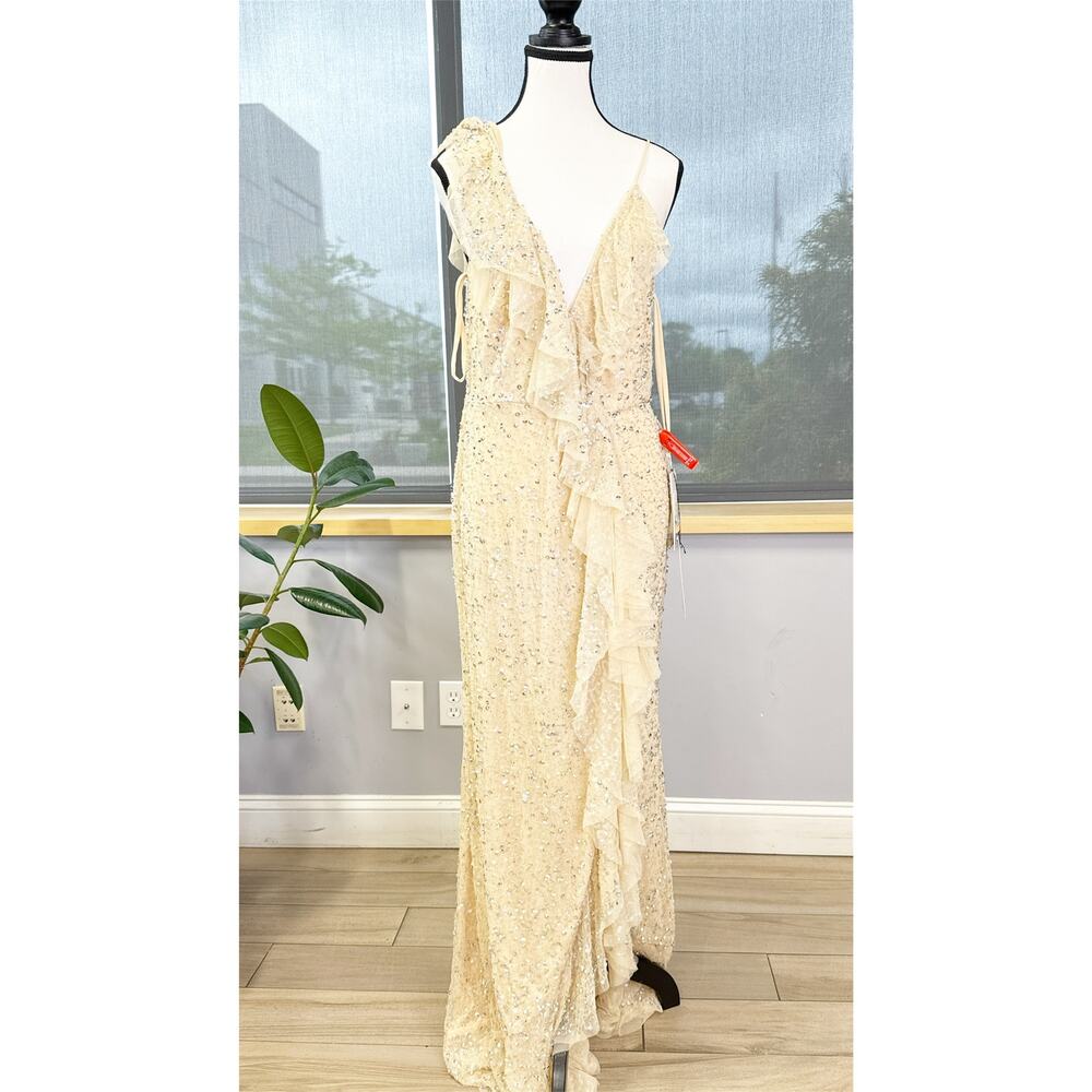 EMBELLISHED RUFFLED FAUX WRAP SLEEVELESS GOWN Size 8 - Picture 7 of 8